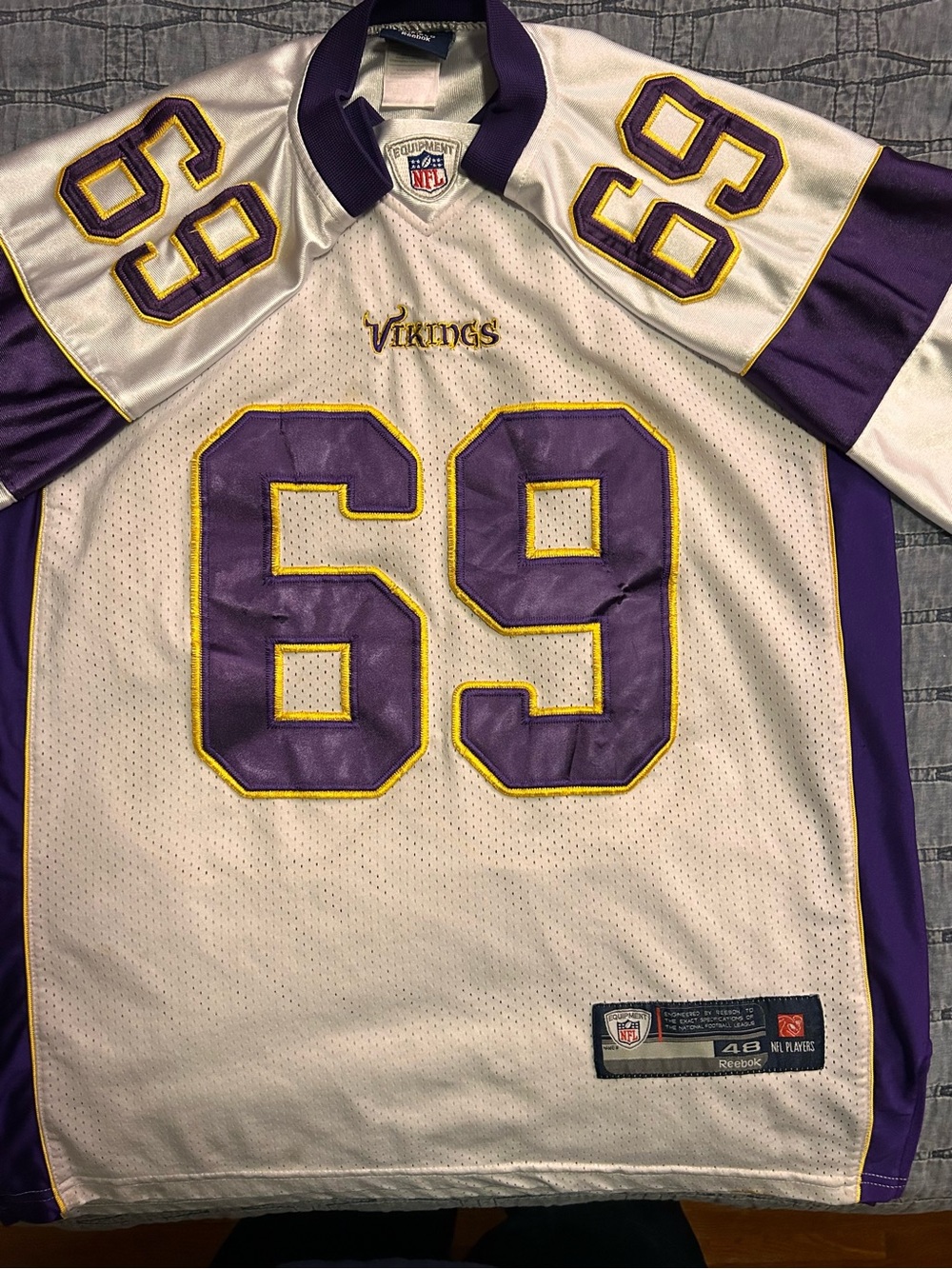 Reebok White, Purple and Gold #69 Vikings Football Jersey